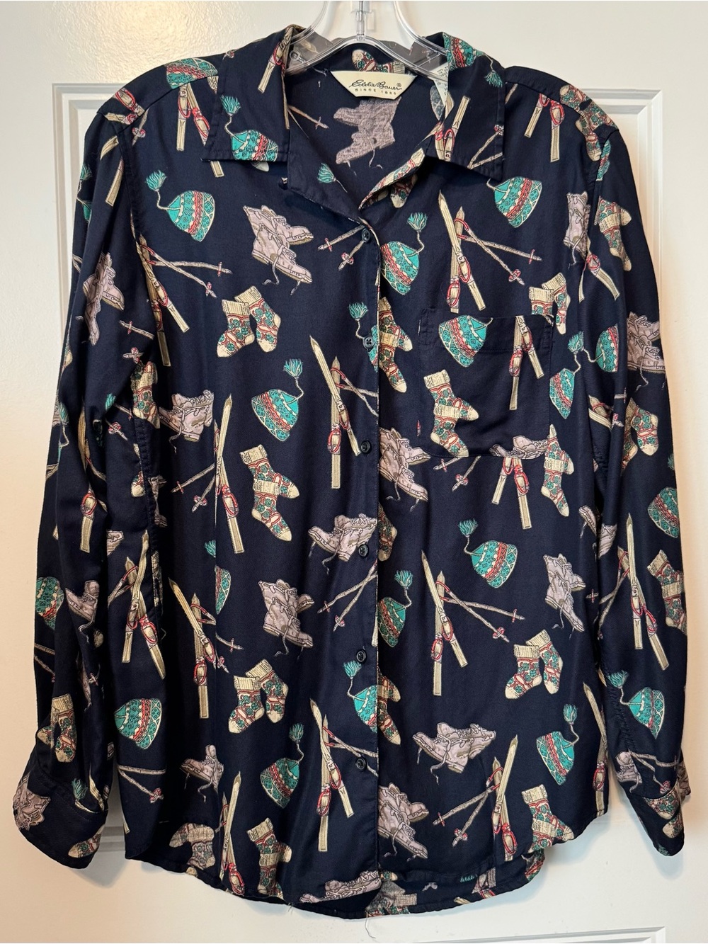 Vintage Eddie Bauer Ski Print Rayon Button Up Shirt Women's S Outdoor Cabincore